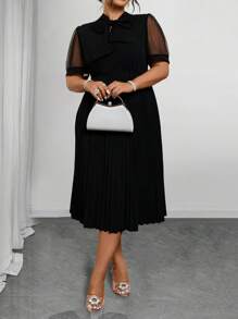 Elenzga 夏季大码优雅纯色网眼拼布连衣裙 - 黑色 - 查看 3