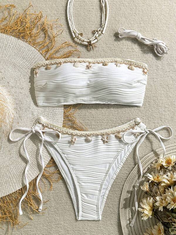 Swim Vcay 2 piezas Conjunto de ropa de playa de verano para mujer: Conjunto de bikini sin tirantes con textura de unicolor y cordón para atar