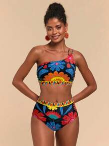 Travachic Women Floral Print Asymmetrical Neck Bra & Briefs Bikini Set - Multicolor - View 5