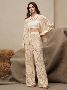 Anewsta Conjunto de blusa sin mangas con bordado perforado de lujo y pantalones de pierna ancha, apto para primavera/verano - Caqui - Ver 3