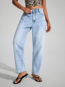SHEIN EZwear Quần Jeans Ống Thẳng Túi Rách Đơn Giản Đa Năng Thường Ngày - Màu xanh lam - Xem 5