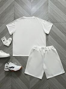 SHEIN 2 Pieces Teens/Youth White Casual Streetwear Set:Numeric Print Round Neck Short Sleeve T-Shirt And Shorts,Summer Graduation Back-To-School Sports Set - White - View 2