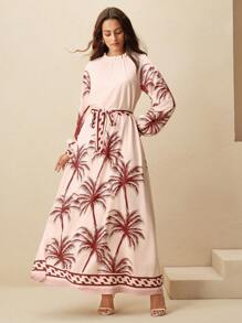 Anewsta Ladies' Spring/Summer Vacation Bohemian Beach Fashion Music Festival Positioning Printed Long Sleeve Dress - Tropical Pink - View 5