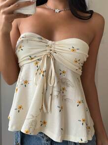 CovetEZ Summer Vacation Sweet Butter Yellow Women's Sleeveless Tube Top With Ditsy Floral, Drawstring Adjustment And Ruffle Details - Apricot - View 7