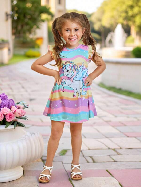 SHEIN Young Girl Unicorn Print Ruffle Trim Dress