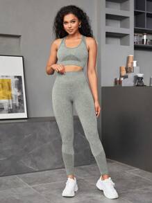 SHEIN Sports Seamless High Stretch Sports Bra With Leggings Workout Women Set Women Leggings Set - Mist Green - View 5