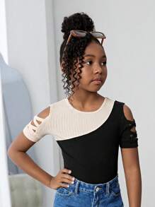 SHEIN Áo thun tay lỡ đan màu tương phản cho bé gái tuổi mới lớn - Nhiều màu - Xem 2