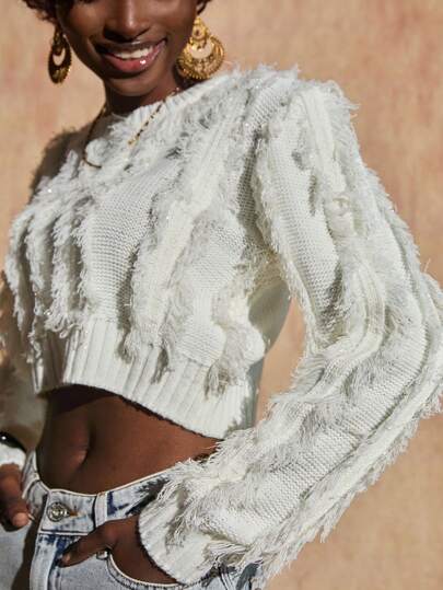 Bóhologie Damtröja med enfärgad tofsdetaljer och rund halsringning och nedsänkta axelband