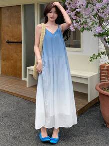 DAZY 女士渐变色肩带无袖中长波西米亚连衣裙，夏季假日 - 藍色 - 查看 5