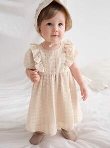 Cozy Pixies Baby Girl Jacquard Knitted Round Neck Ruffle Trim Waist Dress - Apricot - View 5