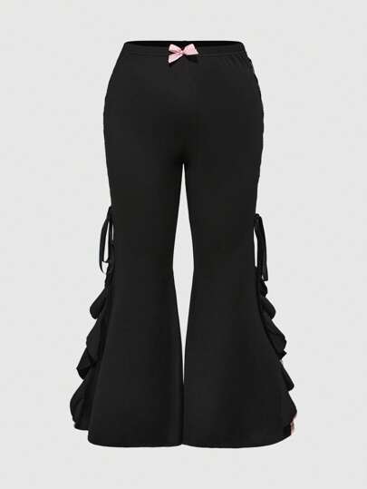 Kawaii Plus Size Women Punk Contrast Color Lace Patchwork Ribbon Tie Bow Flare Pants