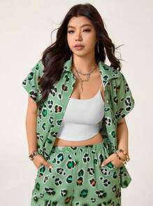 SHEIN LUNE Outfit-Set in Große Größen mit Leoparden-Muster Hemd Top und Hose mit elastischem Bund und Taschen, 2 Teile