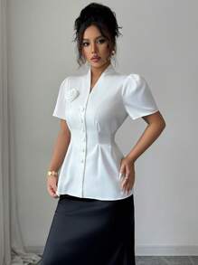SHEIN Clasi معطف نسائي أنيق، بأكمام منتفخة، خصر مطوي، للصيف - أبيض - مشاهدة 6