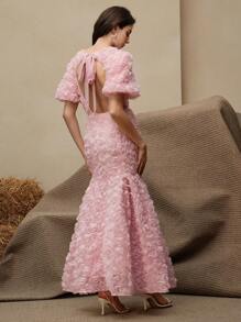 Anewsta 3D玫瑰贴花V领优雅短袖夏装 - 粉色 - 查看 3