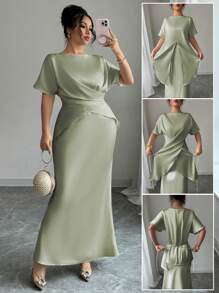 Elenzga 大码女式春夏法式优雅奢华办公室、约会、通勤休闲度假下午茶 V 领交叉腰鱼尾下摆假两件肩袖长裙，缎面材质，正式