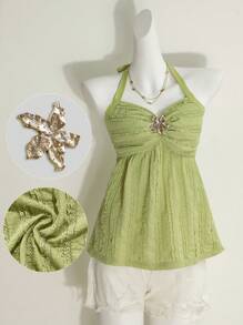 Modelyn Women's Solid Color Halter Neck Knotted Metal Buckle Top - Green - View 3