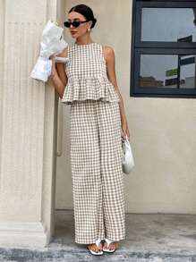 Siren Gaze 2025 年波西米亚风女装夏季套装：格子荷叶边下摆无袖露背上衣和阔腿裤套装 - 度假、节日、海滩度假休闲两件套，采用透气亚麻面料 - 灰色 - 查看 3