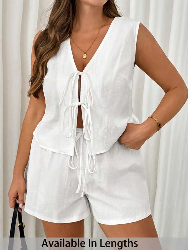 SHEIN Tall CURVE Conjunto de 2 piezas casual de talla grande para mujer, con chaleco con nudo delantero y shorts de unicolor para verano