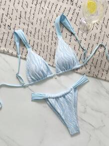 Swim Mod Women's Casual Holiday Beach Light Blue Printed Bikini 2 Pieces Swimwear For Summer Beach Vacation