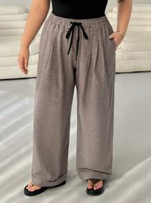 SHEIN EZwear 大码秋冬休闲松紧腰抽绳可调节千鸟格纹图案长裤 - 棕色 - 查看 5