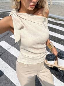 Serisse 女式夏季纯色不对称领口扭纹设计时尚衬衫 - 杏色 - 查看 1