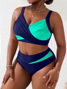 Slaydiva 2pcs Plus Size Women Black & Blush Splice Ruched Tankini Swimsuit Set, Suitable For Beach & Holiday For Summer Beach Vacation