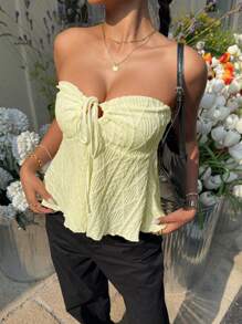 Siren Gaze Women's Solid Color Cold Shoulder Tie-Front Ruffled Textured Top Summer