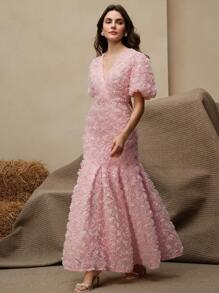 Anewsta 3D玫瑰贴花V领优雅短袖夏装 - 粉色 - 查看 5