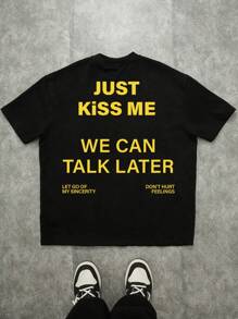 Manfinity ZONE917 街头休闲黄色标语印花黑色棉质针织图案T恤（宽袖、领口、下摆） - 黑色 - 查看 5