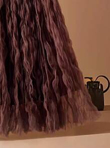 Franclia Sweet A-Line Ruffle Tulle Mid-Length High Waist Pleated Flared Skirt, Spring & Summer' Fall Cloth For Women - Coffee Brown - View 3