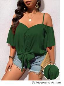 SHEIN LUNE Camisa de estilo retro con hombros descubiertos y nudo delantero, en unicolor, de moda y casual, talla grande - Verde Oscuro - Ver 5