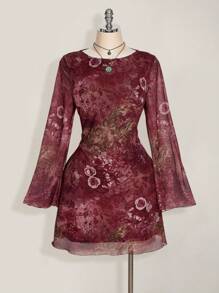 SHEIN ICON 大码女装秋季连衣裙，女士长袖连衣裙，Y2k 复古佩斯利网眼喇叭袖性感节日连衣裙，适合日常穿着 - 彩色 - 查看 3