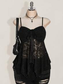 SHEIN ICON Plus Size Front Drawcord Tie Bow Knot Camisole Tank Top, Asymmetrical Hem, Y2K Style, Suitable For Summer, Summer Vacation, Graduation Season, Back To School