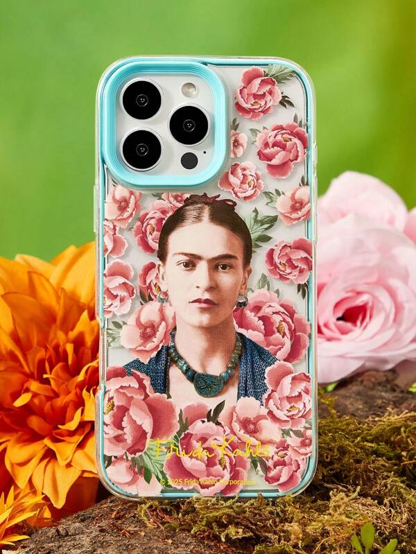 Frida Kahlo X SHEIN Funda de teléfono móvil con gráfico de figura, transparente en azul verdoso, duradera y de moda, compatible con iPhone