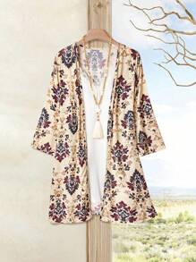 EMERY ROSE Plus Size Women's Early Spring Green Printed 3/4 Sleeve Boho Coat Country Concert Suitable For Spring And Summer Fall Women Clothes Winter Autumn - Multicolor - View 1