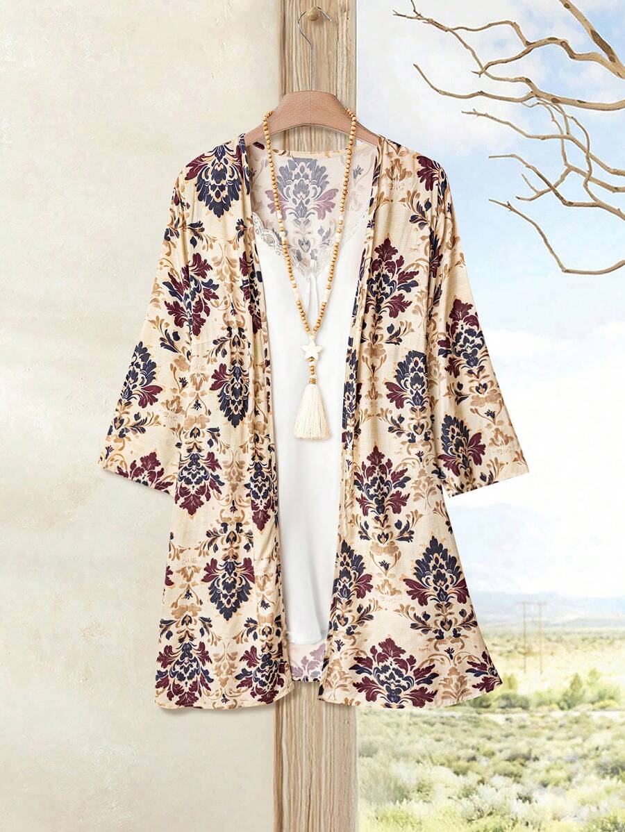 EMERY ROSE 大码女式早春绿色印花七分袖波西米亚风外套乡村音乐会适合春夏秋季女装 - 彩色 - 查看 1