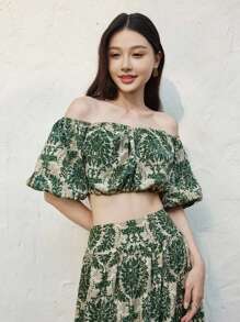 SHEIN LUNE Women's Floral Print Puff Sleeve Off Shoulder Design Fitted Casual/Office Wear Short Blouse - Multicolor - View 3