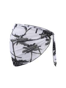 Sweetra 2pcs/Set Summer Mesh Floral Print Beach Vacation Sun Block Cover Up Skirt Set