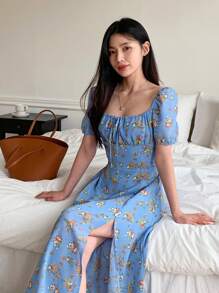 DAZY Women's Square Neck Waist Cinched Short Sleeve Split Midi Dress