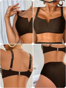 Swim DD+ 1 Set Women's Solid Color Spaghetti Strap Swimsuit With Triangle Swim Bottoms, Fashionable For Summer