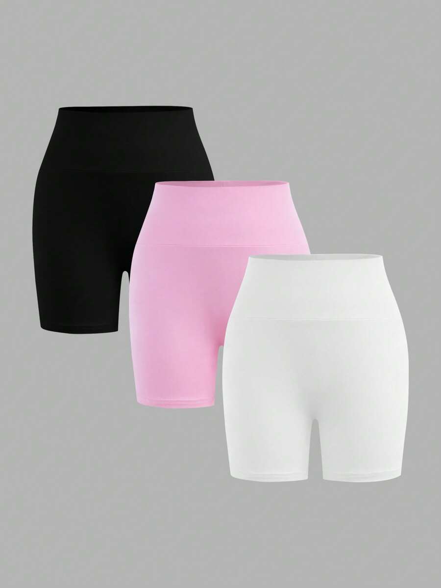 SHEIN Girlism 3 条青少年女孩合身休闲简约舒适宽腰纯色短裤 - 粉色 - 查看 1