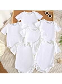 Loomiva 6pcs/Set Newborn Baby Boy/Girl Cute Solid White Knitted Short Sleeve Bodysuit Basic Outfit Set, Suitable For Home, Layering, And Outings, Spring/Summer