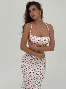 Aloruh Romantic Date Ditsy Floral Spaghetti Strap Backless Dress With Mermaid Hem, Pink & White, Spring/Summer