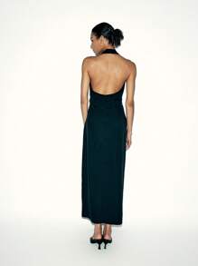 Lumivelle Women's Summer Plain Pleated Side Slit Hem Fashionable Halter Dress