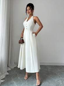 Elenzga Women's Elegant Sleeveless A-Line Dress, Suitable For Dating & Commuting, Simple Solid Color Lapel Maxi Dress, Spring/Summer - Apricot - View 5