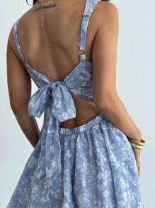 Firerie Women's Chiffon Floral Halter Back Lace-Up Sleeveless Mini Ruffled Holiday Dress, Summer Holiday Wear/Summer Outfits/Graduation Dress