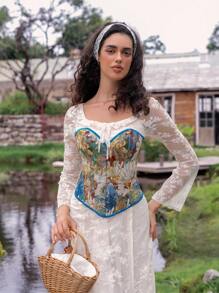 Myrelith 1pc Women's Floral Jacquard Lace-Up Back Tube Top - Multicolor - View 3