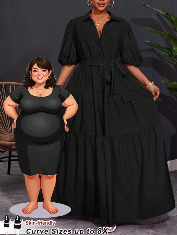 SHEIN CURVE+ 2025 Plus Size Women Solid Color Short Sleeve Spring A-Line Ruched Panel Maxi Dress, Curve Plus, Boho Vacation Plus Size Black Dress Plus Size Maternity Dress Black Maternity Dress Bump Friendly Dress Dress For Pregnant Woman