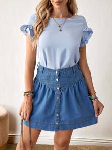 SHEIN LUNE Women's Casual Button Up Denim Mini Skirt - Medium Wash - View 4