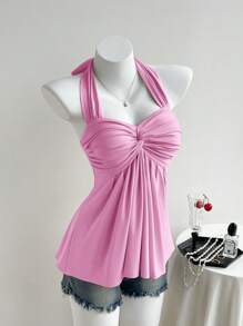 Comfortcana Parte superior casual de verano para mujer con cuello de halter y espalda retorcida en color rosa